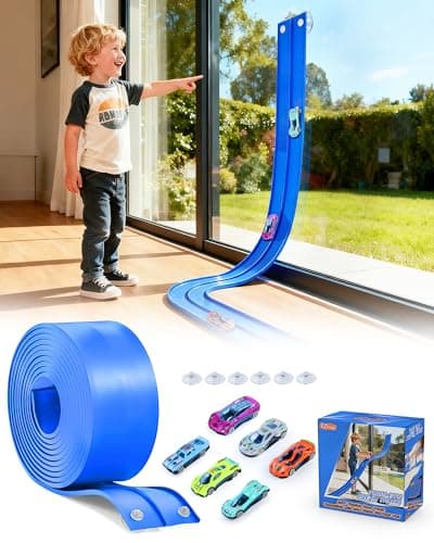 15 Ft Flexible Car Tracks for Kids Age 3 Up, Race Track with 6 Toy Cars, Flex Track Compatible Diecast 1/64 Cars with Suction Cups, Birthday for Boys (Blue) - Image 1