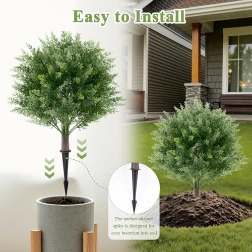 Topotdor 23.6" Cypress Topiary Trees Artificial Outdoor Faux Plants, 2 Pack Boxwood Ball Tree UV Resistant Fake Shrubs Bushes with Spike for Indoor Outside Front Porch Home Garden Decor - Thumbnail 6
