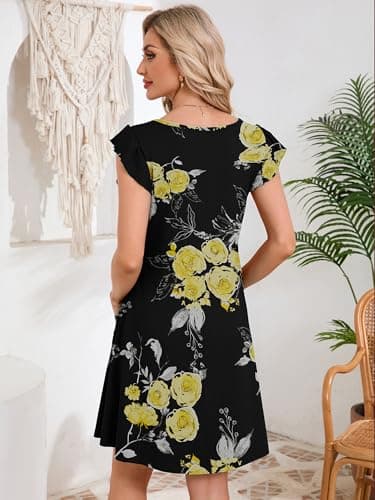 DEARCASE Womens Summer T-Shirt Dresses V Neck Elegant Classy Ruffle Sleeve A-line Tunic Dress 2026 with Pockets Floral Black Yellow Flower Branch Medium - Thumbnail 2