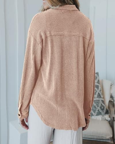 PRETTYGARDEN Women's Button Down Shirts 2026 Spring Long Sleeve Textured Tops Oversized Shacket Jacket Knit Blouses(Khaki,Large) - Thumbnail 5