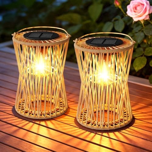AOUNQ Solar Lanterns Outdoor Waterproof 2 Pack, Upgraded Rattan Hanging Solar Lights for Outside with Handle, Bright Auto On/Off Decorative Outdoor Lanterns for Patio Garden Yard Porch, Gifts for Mom - Image 1