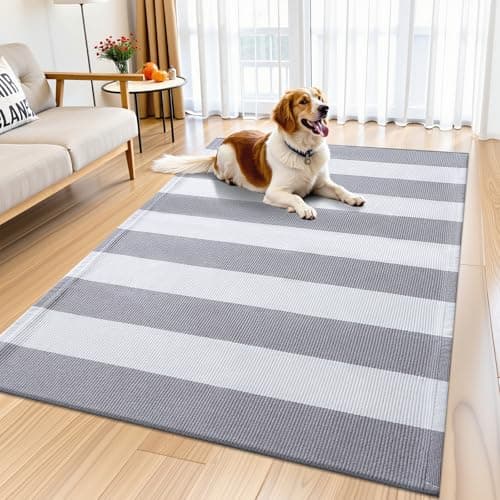 OLANLY Grey and White Striped Rug 4' x 6' – Washable Cotton Indoor Outdoor Doormat for Front Door, Entryway, Kitchen, Porch, Patio Decor - Image 1