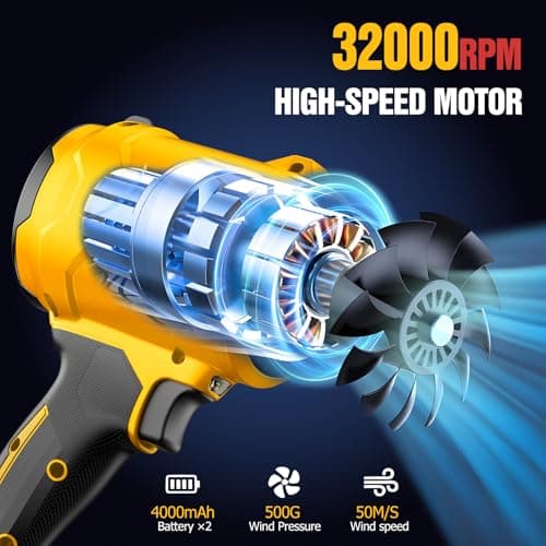 Cordless Leaf Blower, Leaf Blower Cordless with Battery and Charger, Portable Lightweight Handheld Blower, Extended Nozzle, Turbo Jet Blower for Lawn Care, Patio Cleaning, Leaves, Dust (Yellow) - Thumbnail 2