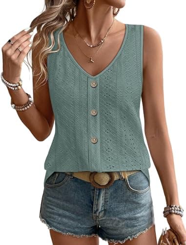 WIHOLL Womens Tank Tops Casual Spring Summer V Neck Outfits Eyelet Shirts Trendy Basic Business Dressy Clothes Spring Break Essentials BeanGreen S - Image 1