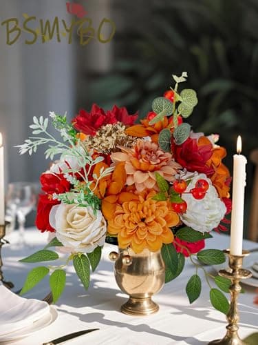BSMYBO Artificial Flowers Combo Fall Flowers Mix Silk Flowers Dahlia Roses with Stems for DIY Bridal Wedding Bouquets, Baby Shower Decorations Fake Floral Arrangements Table Centerpieces Decor - Thumbnail 2