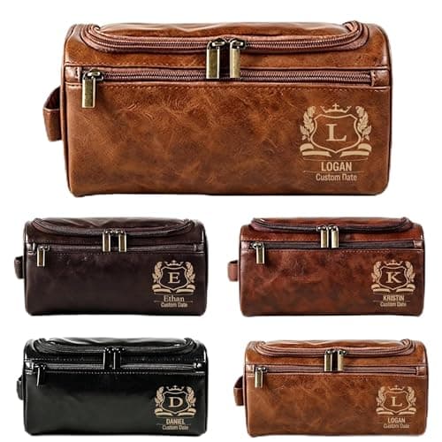Men's Personalized Leather Toiletry Bag – Laser-Engraved Leather Travel Toiletry Bag (Vintage Style, Ideal Groomsmen Gift; Waterproof Hanging Design, Perfect for Fathers, Husbands, or Friends)