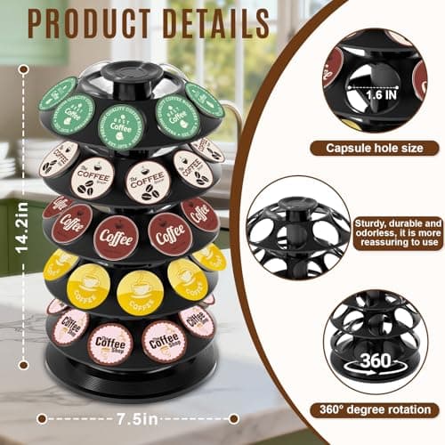 TOMSHUB K Cup Holder, Coffee Pod Holder for Keurig Pods - 40 Capsule Spinning Organizer with 360° Turntable, Also Fits Nescafé Dolce Gusto Pods, Space Saving for Kitchen Counter & Office - Thumbnail 3