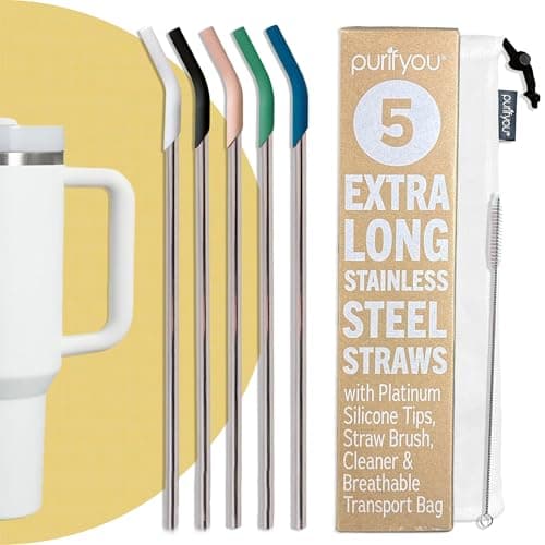 purifyou 14.5" Extra Long Stainless Steel Drinking Straws with Silicone Tips, Reusable Metal Straws for Tumblers, Smoothies, Milkshakes (Set of 5 with Brush) - Image 1