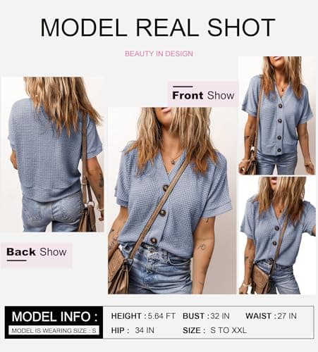 Dokotoo Women's Cardigan Short Sleeve Waffle Knit Shacket Solid Color Going Out Outfits Boyfriend Loose Fit Button Down Shirts V Neck Sky Blue Cropped Summer Tops X-Large - Thumbnail 4