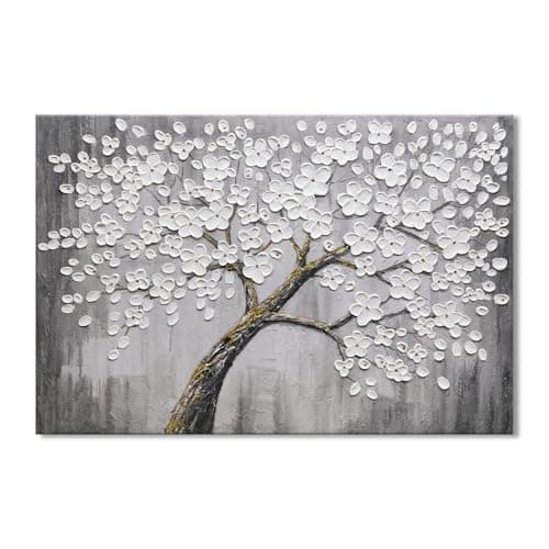 JUHOME Hand-Painted Black and White Thick Texture Flowers Abstract Oil Painting Wall Art,Floral Plum Blossom Tree with Raised Details,Modern Neutral Wall Decor for Home Bedroom,24x36 - Image 1