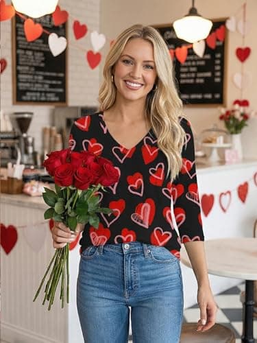 Valentine 3/4 Sleeve V Neck T Shirts for Women Love Heart Graphic Tee Red Valentine's Tops Casual Spring Day Blouse - Thumbnail 2