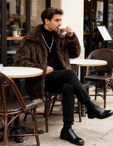 Eisctnd Men's Faux Fur Coat, Warm Fluffy Fuzzy Fleece Jacket with Lapel Collar for Winter Fashion Trench Outerwear(Coffee-L) - Thumbnail 4