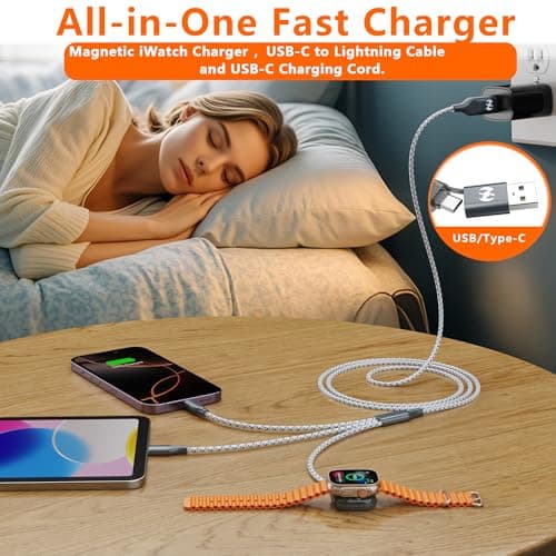 Multi Charging Cable for Apple Watch Charger 2FT, iPhone Charger USB A/C Multi Fast 3 in 1 Charging Cable for iWatch Ultra/SE/10-1 & iPhone16-5/Pro/Plus/iPad/iPod/Airpod - Thumbnail 4