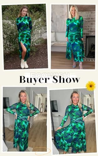 ECOWISH Long Sleeve Midi Formal Dress Women Fall Ruched Bodycon Party Cocktail Club Mesh Dresses Crewneck Floral Tie Dye Slit Green Floral X-Large - Thumbnail 6