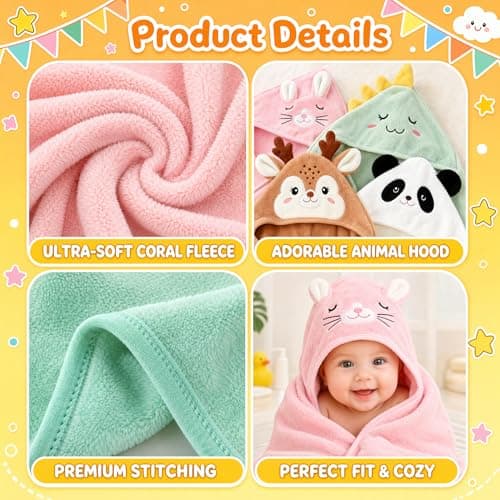 Personalized Baby Bath Towel for Newborn – Custom Animal Hooded Towel with Embroidered Name, Soft Coral Fleece Blanket for Toddlers 1-3, Highly Absorbent Bathrobe Blanket Gift for Boys & Girls - Thumbnail 5