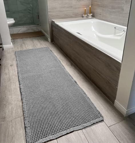 SHIMOH Waffle Bath Mat, Super Absorbent Non-Slip Bath Mats for Bathroom Floor, Machine Washable Bathroom Rugs with Tassels, Rubber Backed Bathroom Mats, Ultra Soft. (Light Gray, 2' X 6')