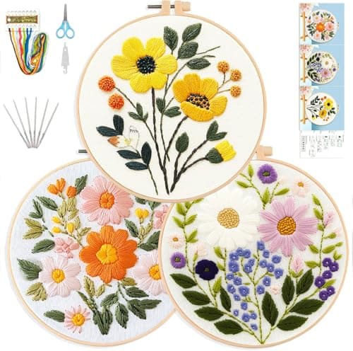 FEIYUENO Beginner Embroidery Kit for Adults, 3-Pack Easy Needlepoint Starter Kits with Pre-Stamped Floral Embroidery Patterns, 7.8" Hoop, Floss & Needles, Step-by-Step Guide (Flower) - Image 1