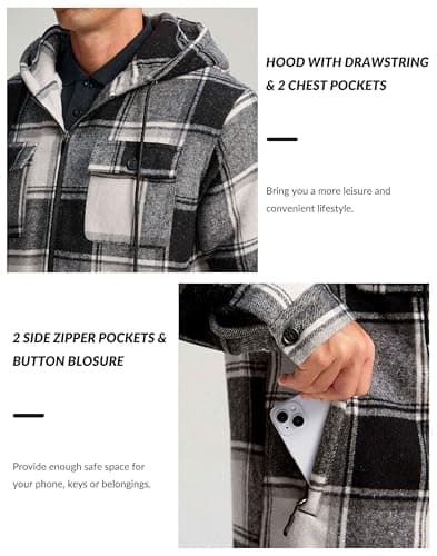 G Gradual Men's Flannel Jacket Fleece Sherpa Lined Hoodies Zip Up Plaid Shirt Warm Winter Jackets for Men with Zipper Pockets(Black White,S) - Thumbnail 6