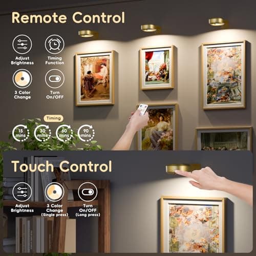 Picture Lights for Wall with Charge Station, 3 Pcs Rechargeable Magnetic Poster Lights with 3 Color Temperatures, Dimmable Timer Painting Wall Decor Light for Art Display, Frame (Gold) - Thumbnail 5