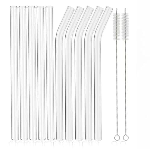 12 Pack Reusable Glass Straws, 7 inches x 8 millimeters, with 5 Straight Heads, 5 Curved Straws, and 2 Straw Cleaner Brushes. High borosilicate Glass Straws Set Great for juice, coffee, and cocktail - Image 1