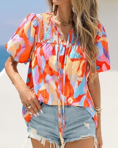 KIRUNDO Boho Tops for Women Summer 2026 Dressy Floral Blouse V Neck Drawstring Short Sleeve Shirts Beach Vacation Clothes(Pink Multicolored, XX-Large) - Thumbnail 2