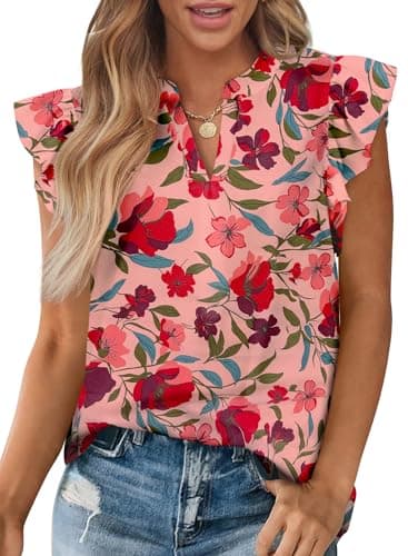 Zenlonr Womens Dressy Casual Tops 2025 Summer Ruffle Cap Sleeve V Neck Shirts Boho Floral Blouses Vacation Outfits(Floral Orange Pink Red,XX-Large) - Image 1