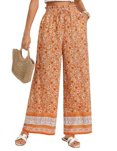 GRACE KARIN Casual Pants for Women Wide Leg High Elastic Wasited Ruffle Drawstring Trousers 2026 Trendy Beach Vacation Outfits Orange Floral M - Image 1