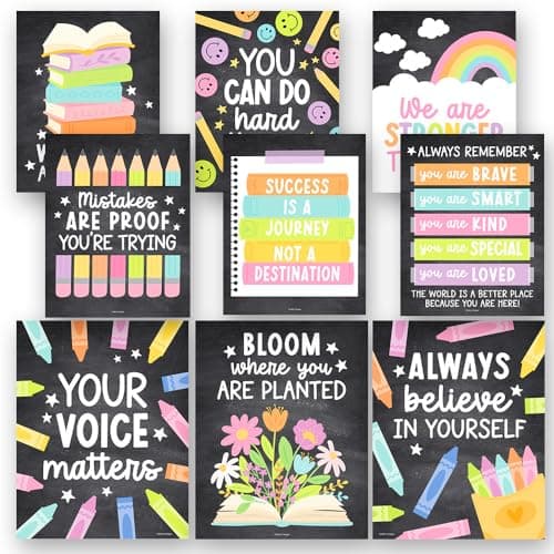 Motivational Posters for Classroom Decor -9 Growth Mindset Classroom Posters Elementary, Positive Poster Middle School, Inspirational Wall Art, Chalkboard Teacher Bulletin Board Decorations - Image 1