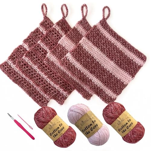 KnitPal Everyday Joy Crochet Kit for Confident Beginners – Make 4 Reusable 7.5 x 7.5 in Dishcloths – with Cotton to The Core Yarn (#3 DK), Hook, Patterns & Video Tutorials (Cherry Red + Blush Pink) - Image 1