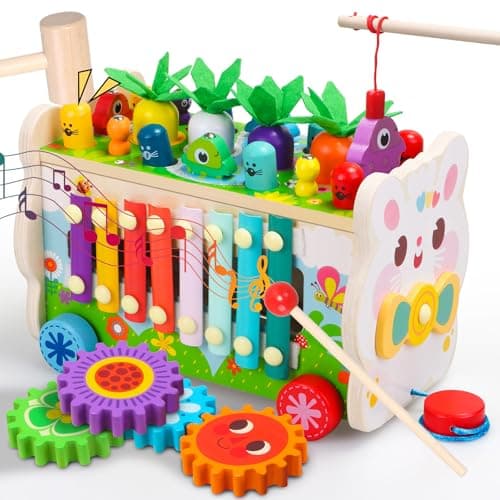 9 in 1 Montessori Toys for 1 Year Old, Wooden Hammering Pounding Toy Game with Xylophone for Toddlers 1-3, Gears and carrot harvest,1 Year Old Girl Birthday Easter Gifts, Learing Toys for babies
