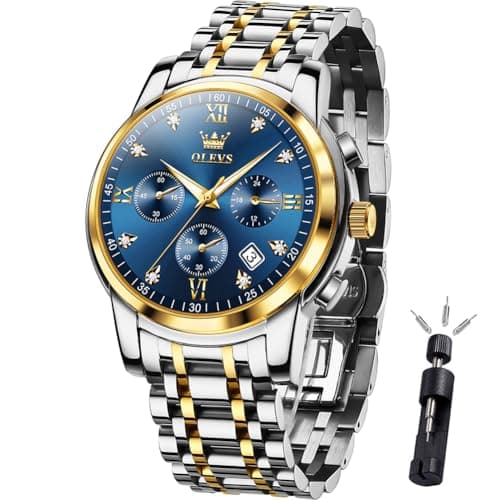 OLEVS Watch Men Silver Stainless Steel Blue and Gold Mens Watches Luminous Waterproof Moon Phase Watches for Men Big Face Chronograph Analog Quartz Wrist Watch for Man Luxury Reloj de Hombre - Image 1