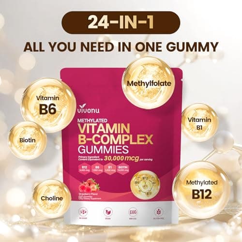 Vitamin B Complex Gummies, 6000 mcg Methylated Vitamin B12, with B6 B1, B2, B3, B5, B7, Methylfolate, Vitamins A C D E, Vegan, Non GMO, Methylated B Complex Vitamin - 60 Gummies - Thumbnail 2