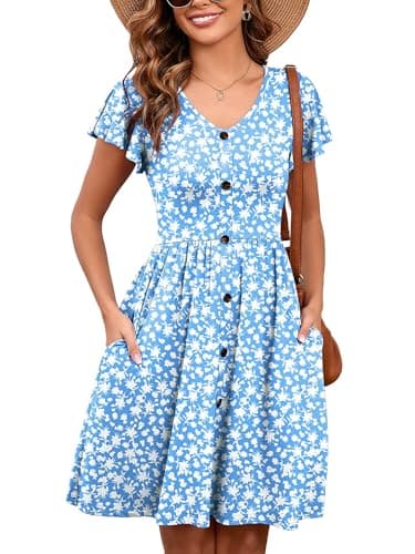 Heymoments Women Summer Dress Ruffle Sleeve Butterflies XX-Large V Neck Casual Cute Loose Sundress Comfy Swing Button Down Midi Work Flowy Tunic Ladies Beach Vacation Teacher Dresses with Pockets - Image 1