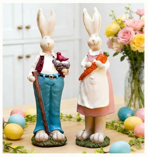 DurableDelights 9.06'' H Hand Painted Bunny Couple Statue Set - Resin Easter Bunny Decor, Spring Rabbit Figurines for Easter Centerpiece Table Decorations or Home Decor, for Family and Friends - Image 1
