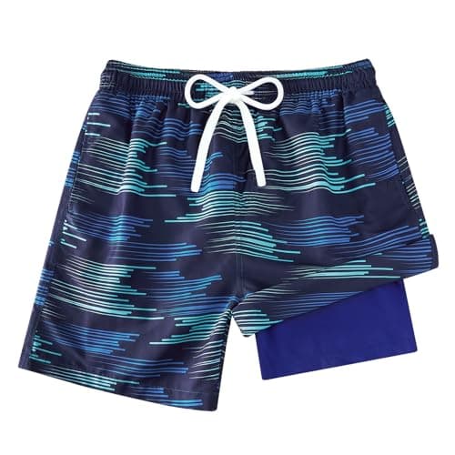 Cozople Bathing Suits for Boys Anti Chafe Swim Trunks Blue Grass Swim Shorts Stretchy Boardshort Compression Swimsuit with Boxer Brief Liner Size 14-16 - Image 1