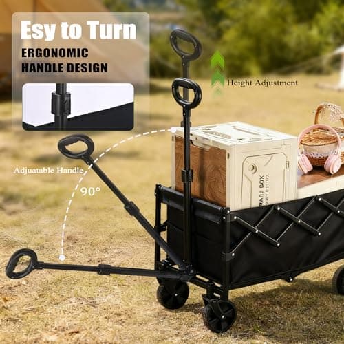 XMT 100L Folding Wagon Cart Push & Pull Beach, 350 lbs Weight Capacity Heavy Duty Folding Beach Wagons with Big All-Terrain Wheels & Drink Holders for Groceries, Shopping, Camping, Sports - Black - Thumbnail 4