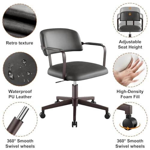 BERYTH Home Office Desk Chair, Mid-Century Modern Desk Chair with Padded Arms, Adjustable Seat Height, Mid Back 360° Small Computer Chair with Mobile Mute Wheel, PU Leather (Dark Grey) - Thumbnail 5