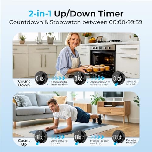 Allbean Magnetic Kitchen Timer for Cooking with Loud Alarm - Large LED Display Rotating Countdown Pomodoro Timer, Preset 5/15/25 Mins Easy for Seniors and Kids，for Baking Grilling Studying - Thumbnail 6