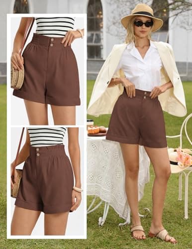 GRACE KARIN Womens Shorts Casual 2026 Summer Linen Elastic High Waist Button Shorts Beach Vacation Clothes Brown L - Thumbnail 2