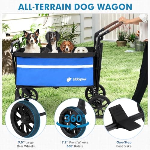 Libbipaw Dog Wagon for Medium & Large Dogs, Foldable All-Terrain Dog Stroller Wagon with Ramp, Adjustable Handle, One-Step Brake, Heavy Duty Pet Wagon (Blue) - Thumbnail 4