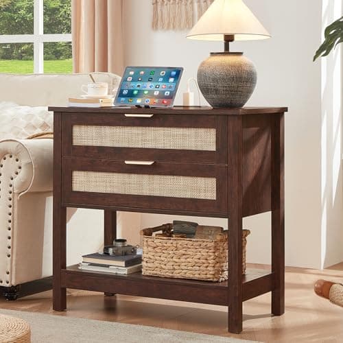 LEYAOYAO 31.5" Wide Rattan Night Stand, Large Boho Nightstand, Bedside Table with Storage, Tall Bed Side End Tables, Chest of Drawers for Bedroom, Living Room, Hallway（Walnut,2 Drawers with Charger,2） - Thumbnail 5