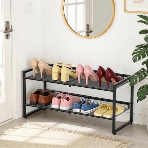 Expandable Shoe Rack, 2 Tier Adjustable Shoe Organizer with Flat & Slant Dual Use Design, Space Saving Shoes Stand for Closet & Entryway, Sturdy Dense Metal Grid Shoe Holder for High Heels, Sneakers - Thumbnail 6