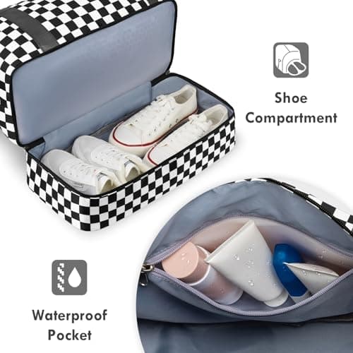 WOOMADA Weekender Overnight Bag for Women, Carry on Shoulder Travel Duffel with Shoes Compartment,Gym Bag with Toiletry Bag(black checkerboard) - Thumbnail 5