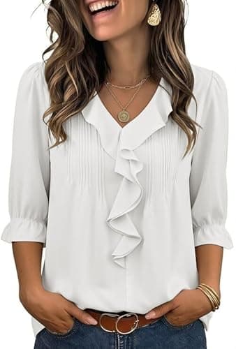 Theenkoln Womens Victorian Ruffle Blouse:3/4 Ruffle Sleeve V-Neck Business Casual Tops Summer Trendy Fashion Work Shirt White Medium - Image 1