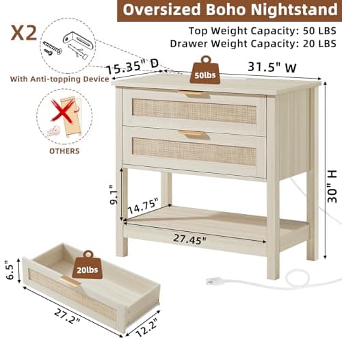 LEYAOYAO 31.5" Wide Rattan Night Stand with Charger Station, Oversized Large Boho Nightstand with 2 Drawer, Grey White Bed Side End Tables, Tall Bedside Table for Bedroom Living Room, Hallway - Thumbnail 2