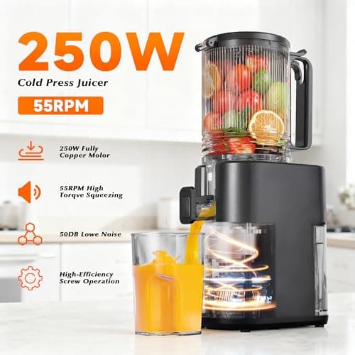 Cold Press Juicer, 5.5inch Wide Feed Chute Juicer Machine, Slow Masticating Juicer for Whole Vegetables & Fruits, Black - Thumbnail 4