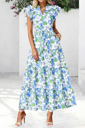 dowerme Women Summer Maxi Dresses 2026 Ruffle Sleeve V Neck Floral Boho Long Dress Belted Tiered Sundress with Pockets(Floral White Multicolored,Small) - Thumbnail 4