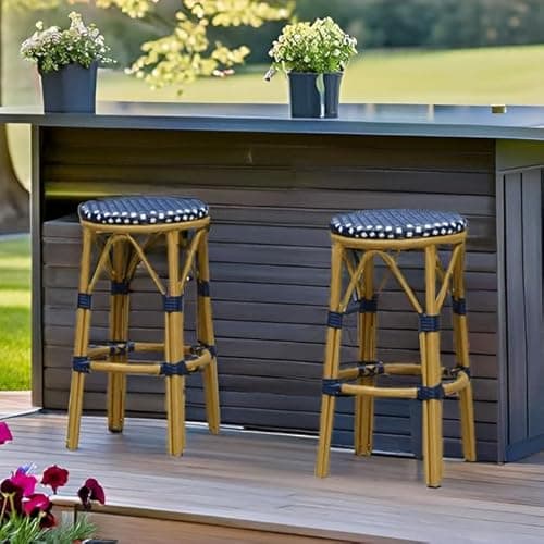PURPLE LEAF Patio Round Counter Height Stool Set of 2 Outdoor Backless Barstools Aluminum Frame in Bamboo Finish with Navy Blue&White Woven Rattan for Indoor Kitchen Dining Bistros Cafe Restaurant - Thumbnail 6