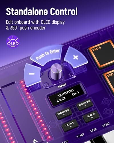 Synido 25 Key USB MIDI Keyboard Controller with Drum Pads, Professional Mini Midi Keyboard with OLED Screen, Beat Maker Machine for Music Production, Purple, TempoKEY K25 - Thumbnail 3