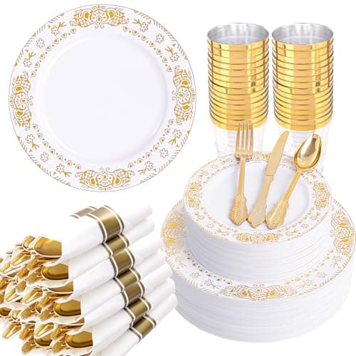 GATHER 350PCS White and Gold Plastic Plates - Gold Disposable Dinnerware Set Include 50 Dinner Plates, 50 Dessert Plates, 150 Gold Plastic Silverware, 50 Napkins, 50 Cups for Wedding & Party - Image 1